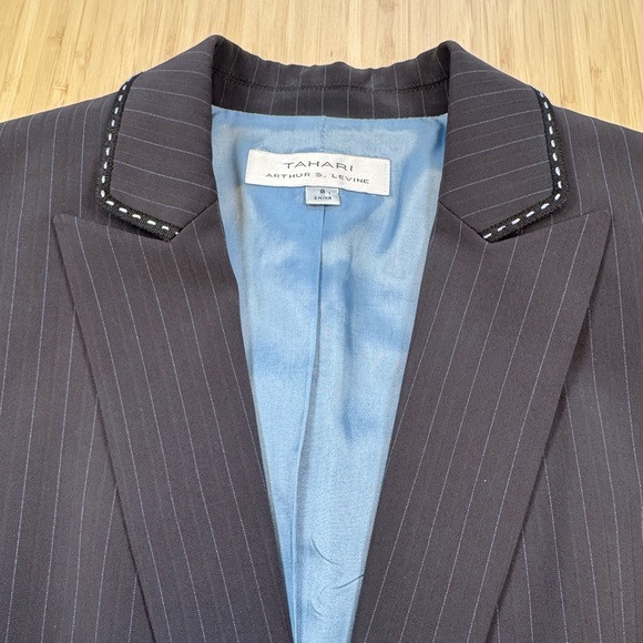 Tahari ASL Jackets & Blazers - Tahari ASL Dark Gray with Blue Pinstripe Single-Button Blazer and Lt Blue Lining
